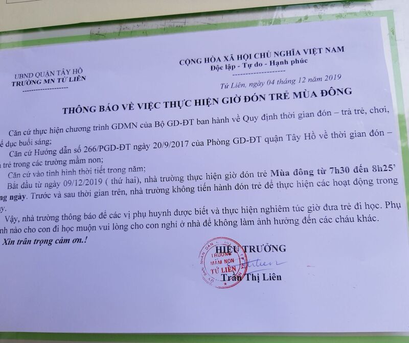 Thông báo giờ đón trẻ theo lịch mùa đông