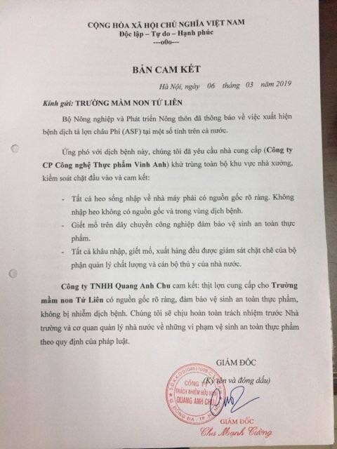 Cam kết chất lượng sản phẩm của các đơn vị cung cấp thực phẩm sạch phòng tránh dịch tả lợn châu phi.