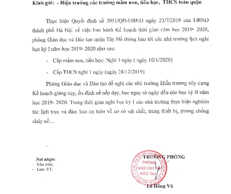 Nghỉ học kì I năm học 2019-2020