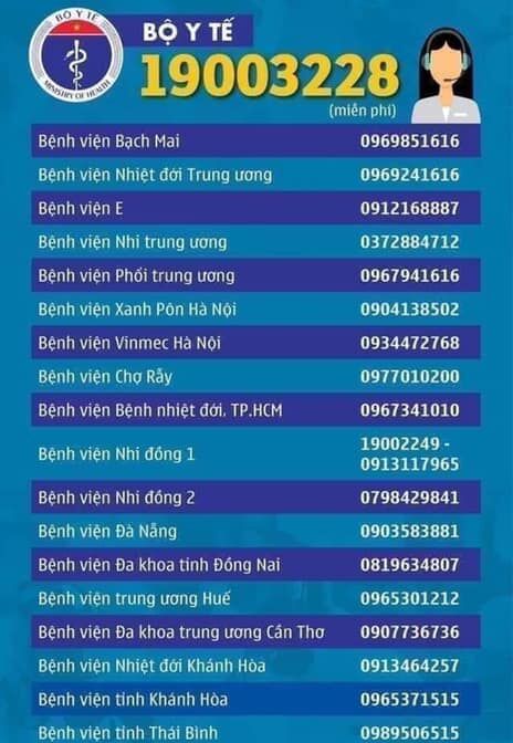 đường dây nóng để xin sự trợ giúp nếu có biểu hiện nhiễm Covid-19