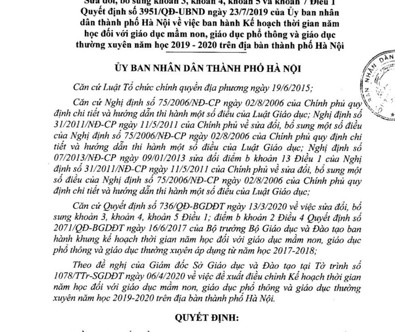 Quyết định 1520/QĐ-UBND ra ngày 14/4/2020 của Uỷ ban nhân dân Thành phố Hà Nội về điều chỉnh thời gian năm học 2019-2020