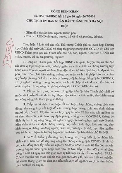 Công điện khẩn số 05/CĐ-UBND, về công tác phòng chống dịch COVID-19