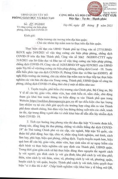 Công văn số 185/PGDĐT về việc tăng cường các biện pháp phòng, chống dịch COVID-19 đối với các trường, lớp mầm non trên địa bàn quận.