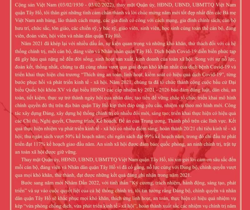 THƯ CHÚC MỪNG NĂM MỚI CỦA ĐỒNG CHÍ BÍ THƯ QUẬN UỶ TÂY HỒ.