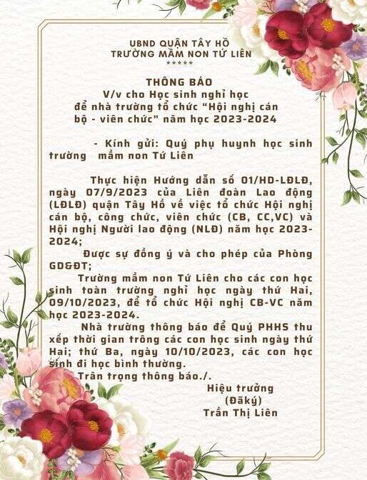 THÔNG BÁO: Về việc tổ chức Hội nghị cán bộ, công chức, viên chức và Hội nghị người lao động năm 2023 của trường MN Tứ Liên