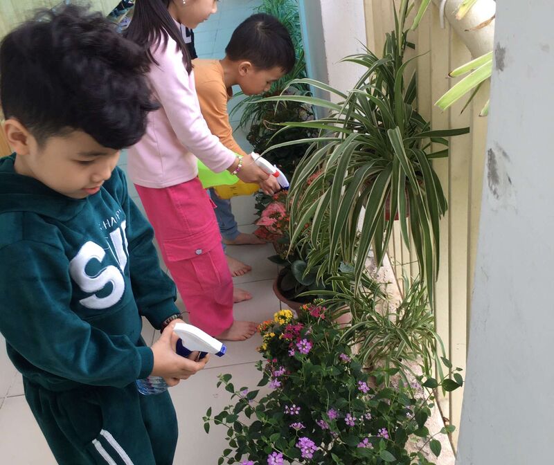 MGL A4 chăm sóc cây xanh, chậu hoa tại góc thiên nhiên của lớp.