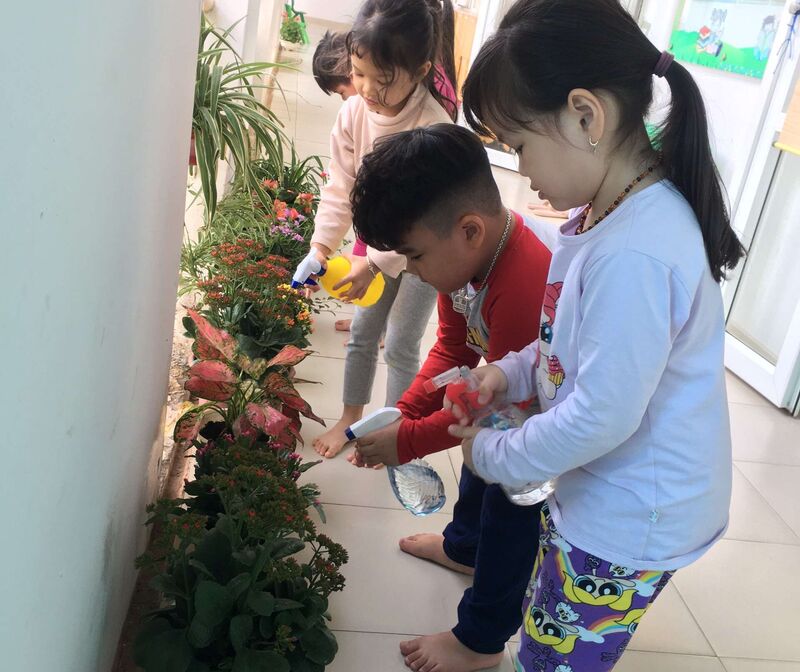 Học sinh lớp mẫu giáo lớn A4 chăm sóc cây tại góc thiên nhiên của lớp. Tạo niềm đam mê yêu lao động.