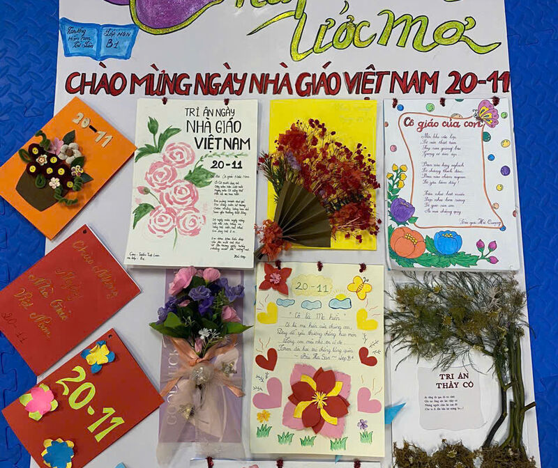 Các bé lớp B1 tham gia hoạt động làm báo tường chào mừng ngày nhà giáo Việt Nam