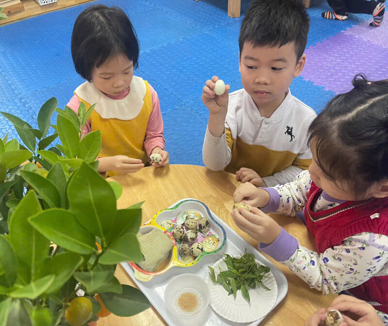 Các bé lớp A1 tham gia vào hoạt động bóc trứng