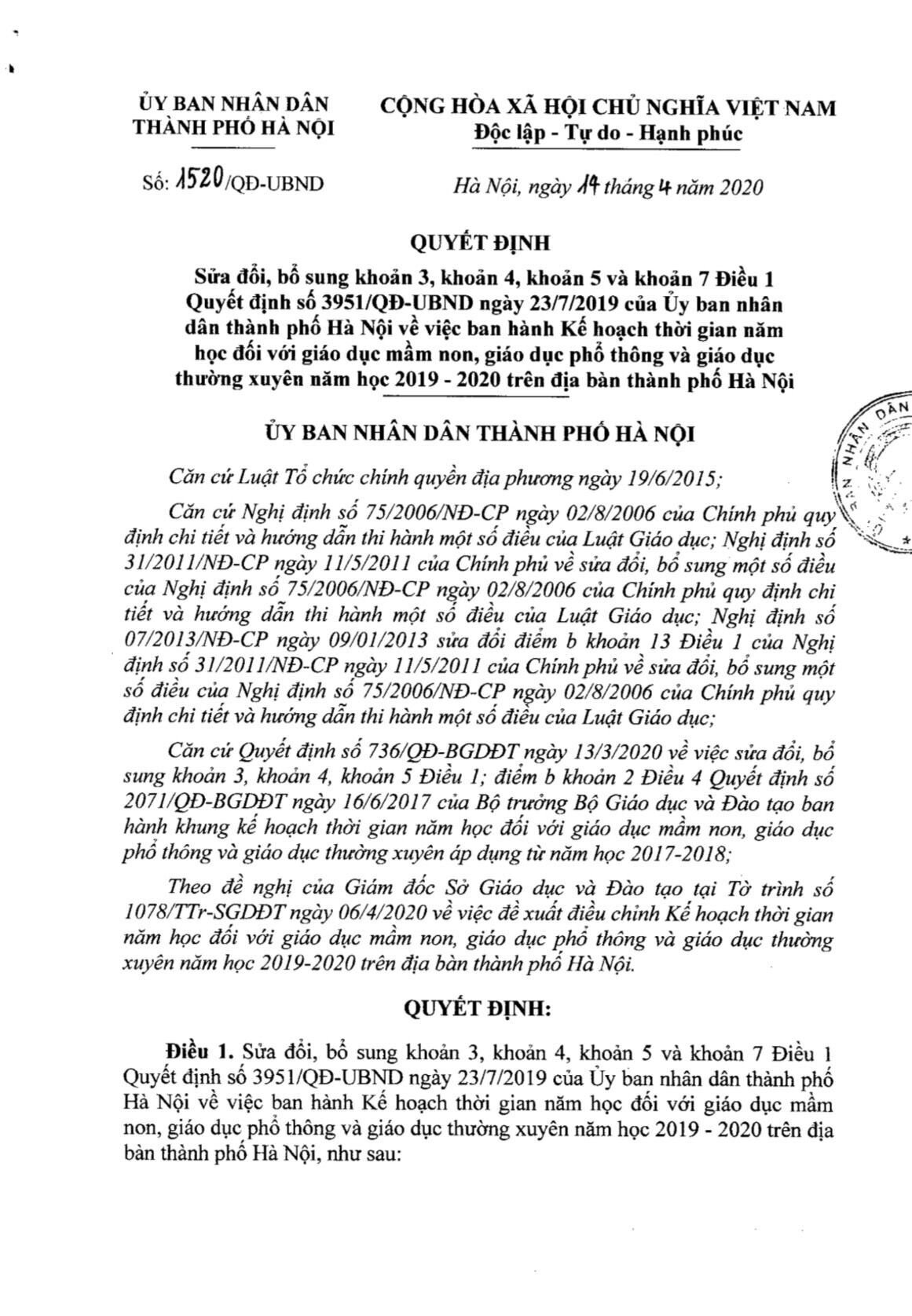 Quyết định 1520/QĐ-UBND ra ngày 14/4/2020 của Uỷ ban nhân dân Thành phố Hà Nội về điều chỉnh thời gian năm học 2019-2020