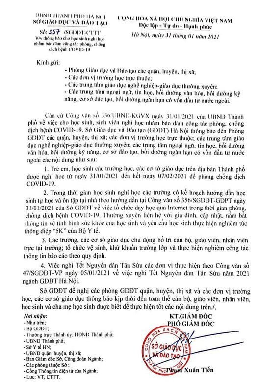 Trường mầm non Tứ Liên trân trọng thông báo tới các bậc phụ huynh về việc học sinh nghỉ học phòng, tránh dịch bệnh Covid-19 và nghỉ Tết nguyên đán.