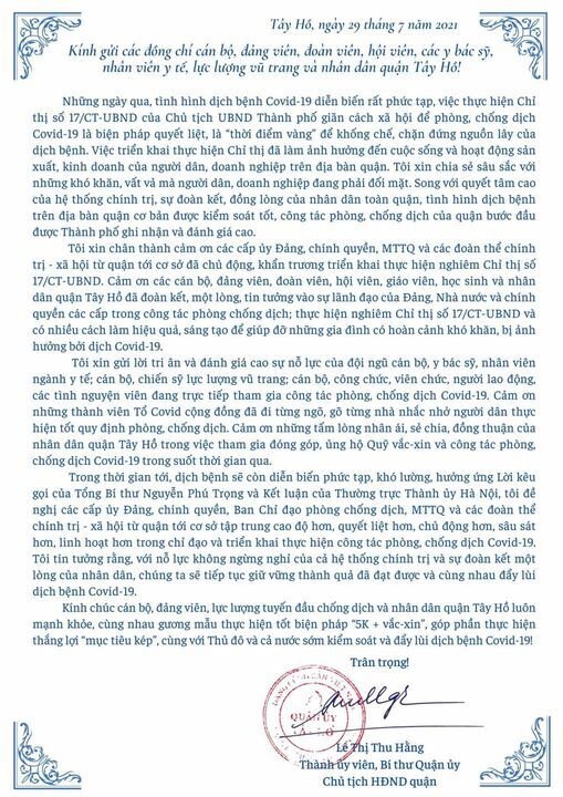 Thư động viên của đồng chí  Lê Thị Thu Hằng - Thành ủy viên, Bí thư Quận ủy, Chủ tịch HĐND quận Tây Hồ