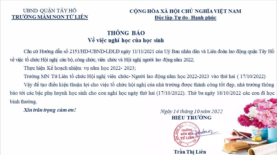 Thông báo nghỉ học ngày 17/10/2022