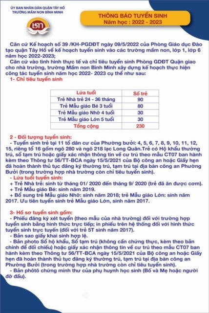 THÔNG BÁO TUYỂN SINH NĂM HỌC 2022-2023