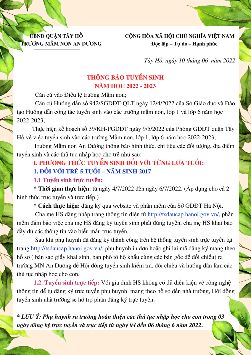 Thông báo tuyển sinh năm học 2022 - 2023