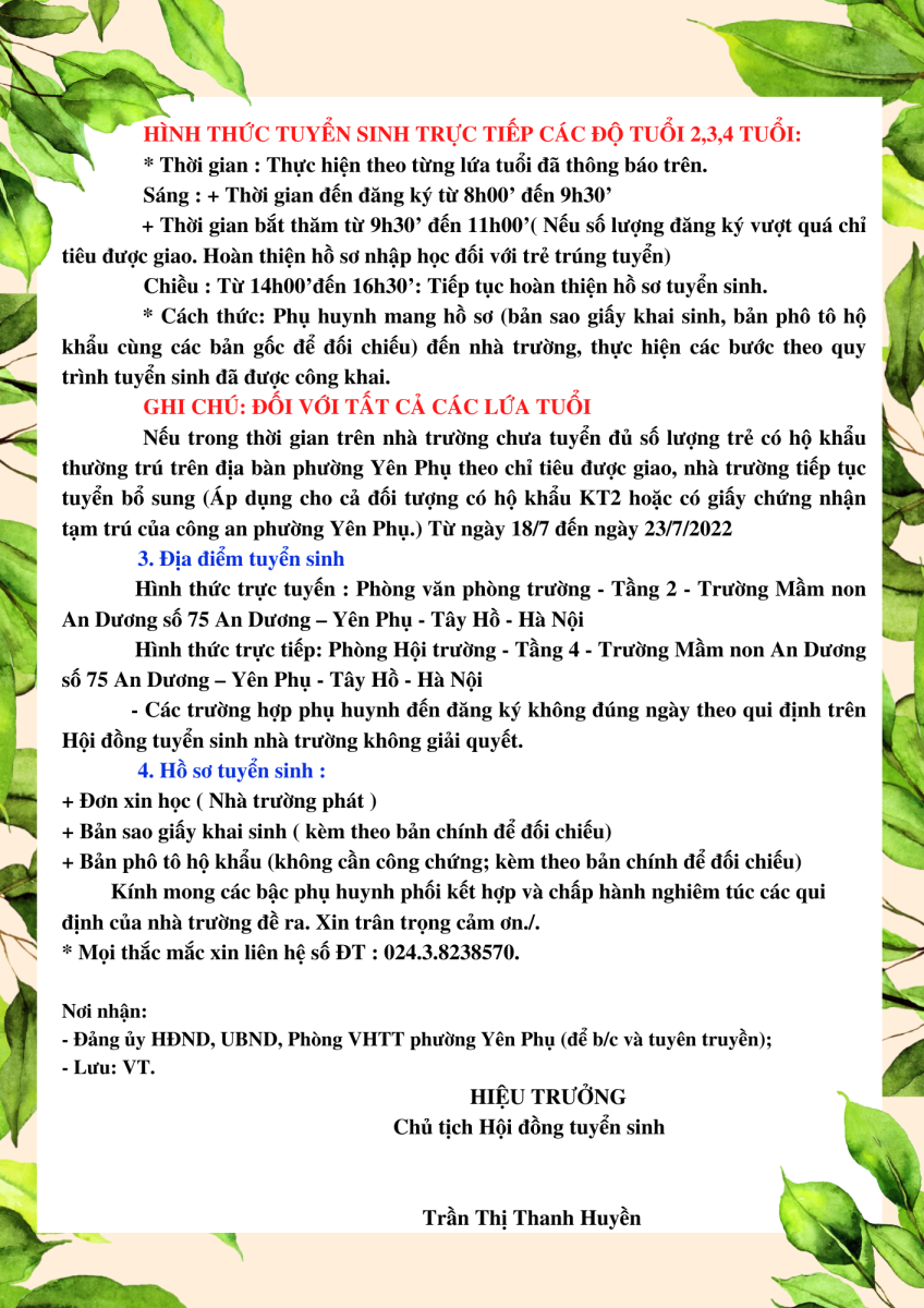 Thông báo tuyển sinh năm học 2022 - 2023