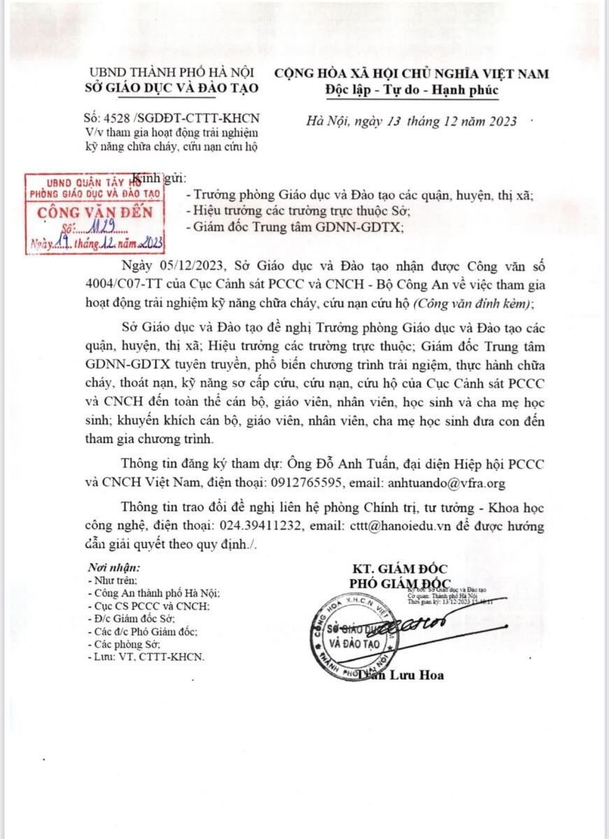 Thông báo về việc tham gia Chương trình trải nghiệm thực hành chữa cháy, cứu nạn, cứu hộ của Cục Cảnh sát PCCC và CNCH.