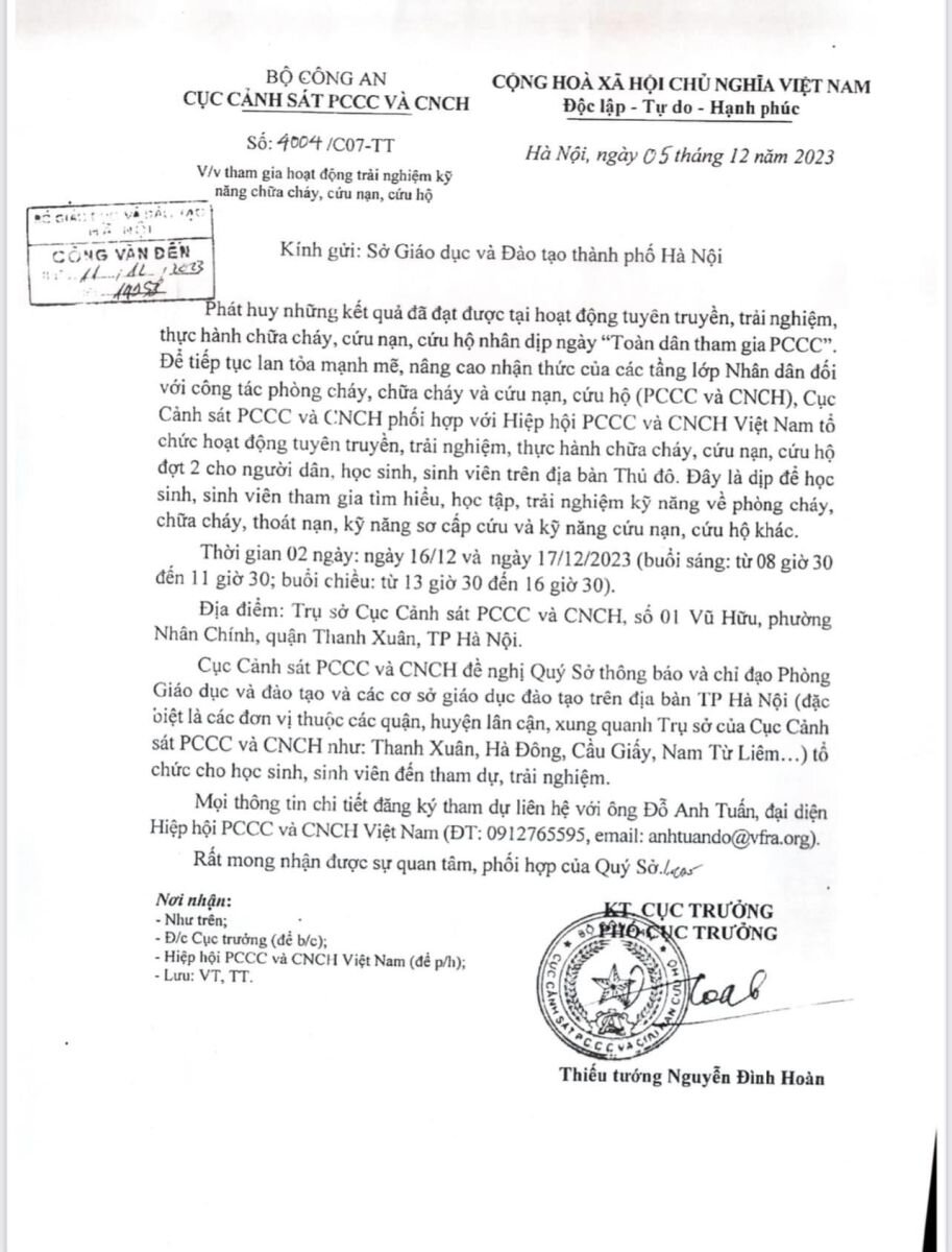 Thông báo về việc tham gia Chương trình trải nghiệm thực hành chữa cháy, cứu nạn, cứu hộ của Cục Cảnh sát PCCC và CNCH.