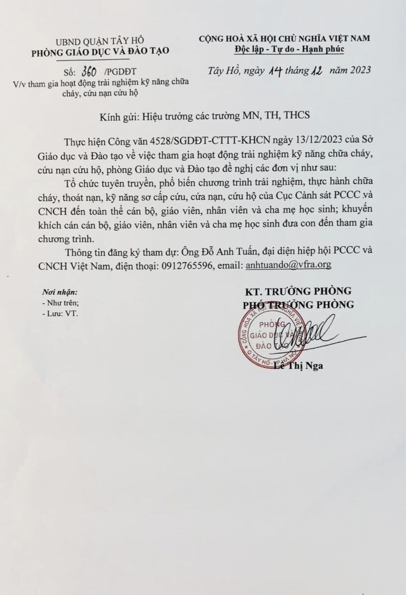 Thông báo về việc tham gia Chương trình trải nghiệm thực hành chữa cháy, cứu nạn, cứu hộ của Cục Cảnh sát PCCC và CNCH.